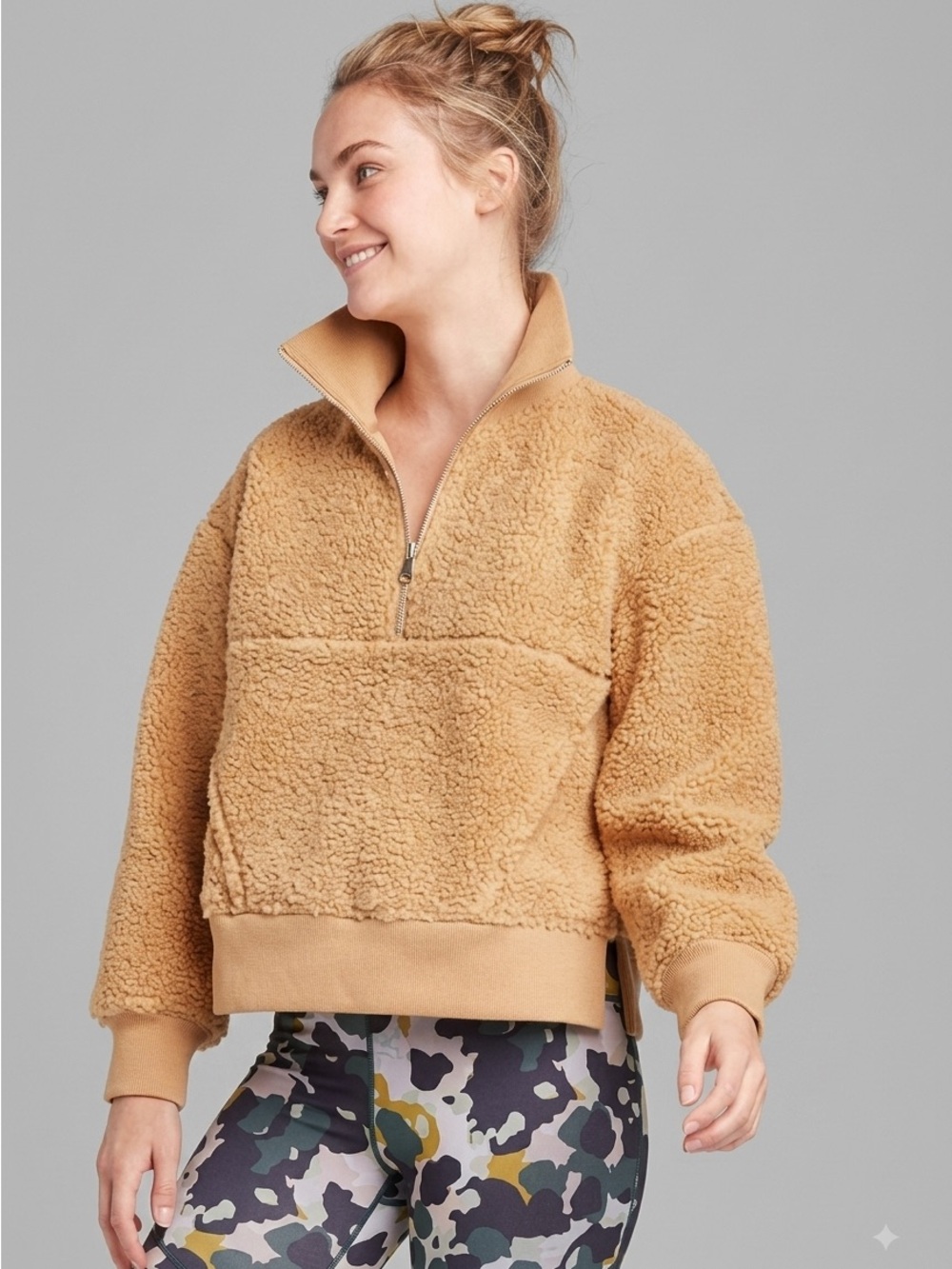 JoyLab Sherpa 1/4 Zip Teddy Camel Tan and Gold Zipper Jacket with Kangaroo Pouch